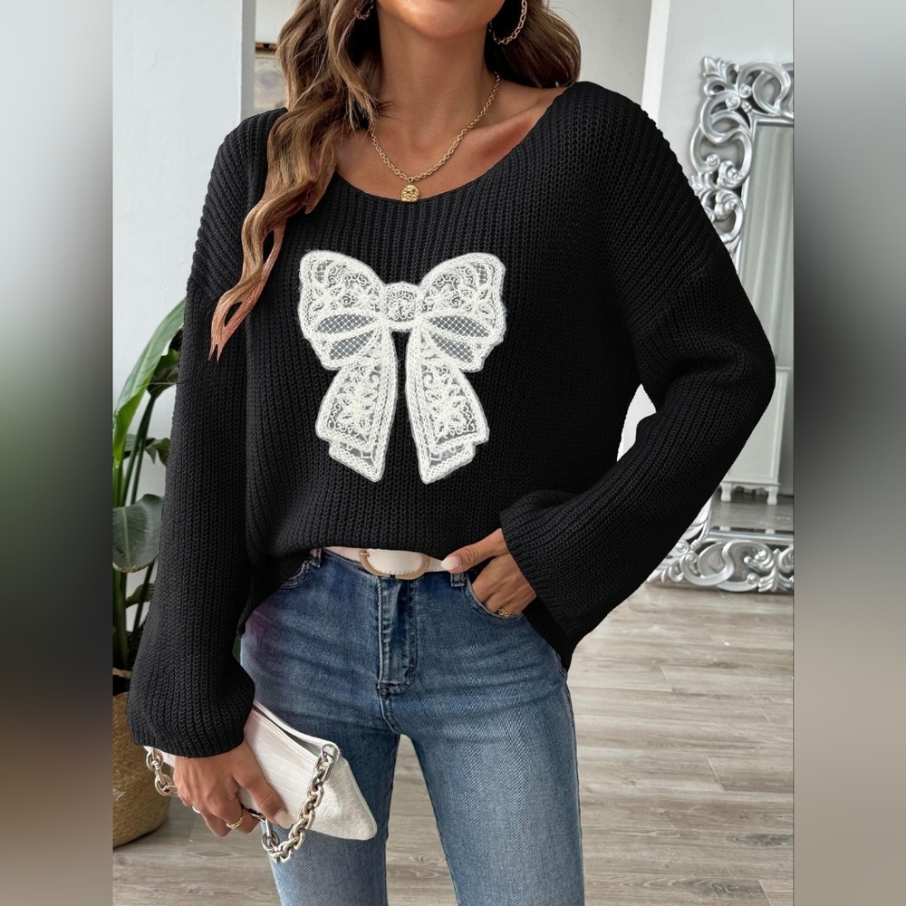 Christmas Black Sweater with White Bow Detail